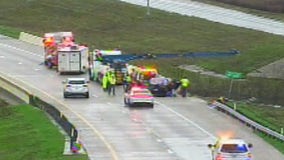 18-wheeler goes over bridge in southeast Travis County