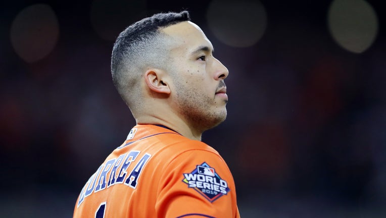 FILE PHOTO. Carlos Correa #1 of the Houston Astros during Game Seven of the 2019 World Series at Minute Maid Park on October 30, 2019 in Houston, Texas.