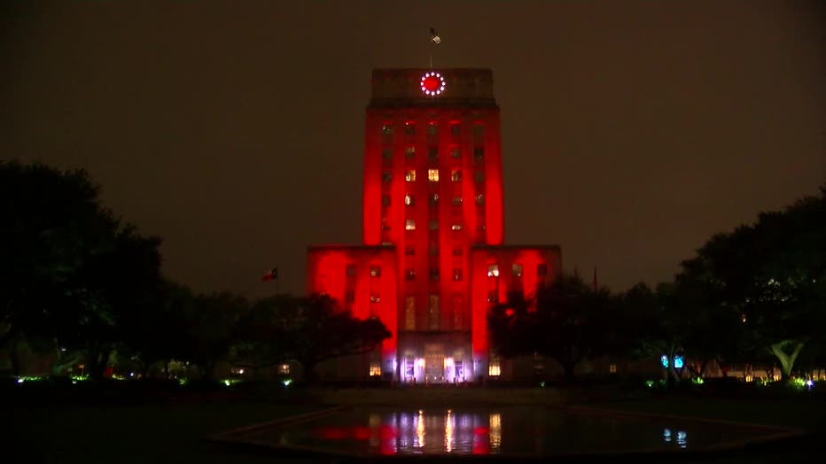Houston City Hall was lit up red on February 11 in honor of the Altobelli family.
