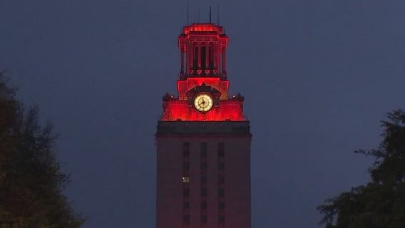 University of Texas at Austin Tower lit up to celebrate first day of online learning