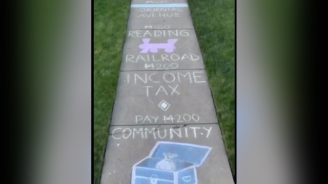 Family makes sidewalk chalk Monopoly game during COVID-19 lockdown