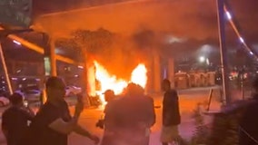 Car, mattress, and dumpster set on fire at George Floyd protest in downtown Austin