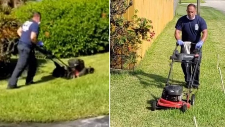 firefighters cut lawn