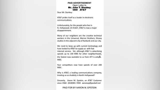 90-year-old man spends $10,000 on 2 ads in WSJ to tell AT&T CEO about his slow internet service