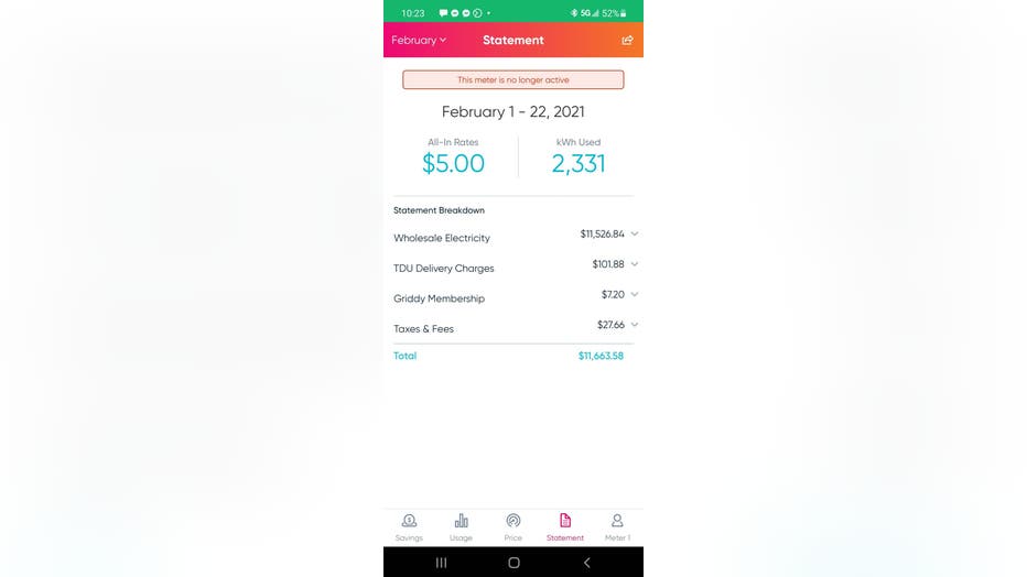 Scott-Amos’s outstanding Griddy bill after the winter storm. The screenshot, taken on February 22, also shows that Scott-Amos’s meter was no longer in service.