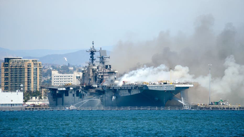 d1a6f47b-Navy Ship USS Bonhomme Richard Burns At Naval Base In San Diego