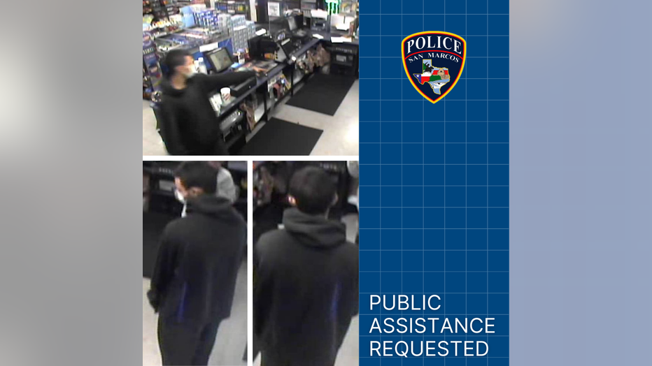 The San Marcos Police Department is asking for the public's assistance in identifying a suspect involved in an aggravated robbery at a gas station earlier this week. 