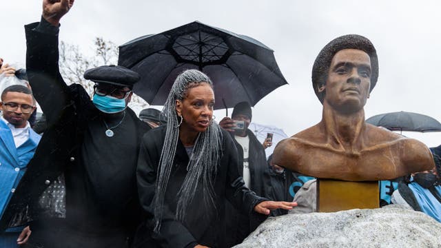 Huey Newton bronze bust installed in Oakland, the first permanent statue honoring the Black Panther co-founder