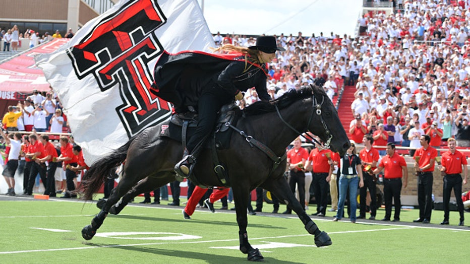 LUBBOCK, TX - SEPTEMBER 12: The Texas Tech Red Raiders mascot Fearless Champion leads the team onto the field prior to the game against the UTEP Miners September 12, 2015 at Jones AT&amp;T Stadium in Lubbock, Texas.Texas Tech won the game 69-20. (Photo by John Weast/Getty Images)