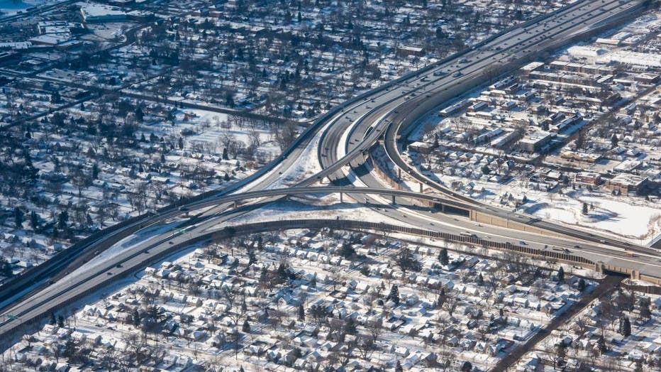 Aerial view of Minneapolis, Minnesota showing the Crosstown highway interchange with 35W.