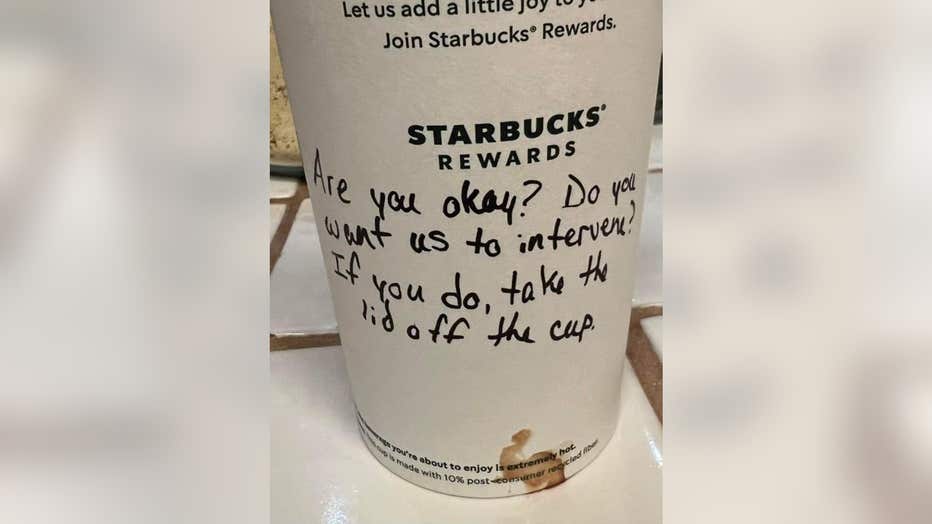 Texas mother Brandy Roberson shared a photo of a Starbucks cup with a secret message that was shared with her daughter at a Corpus Christi location after employees worried that a male patron might be bothering her. The note said, ‘Are you okay? Do you want us to intervene? If you do, take the lid off the cup.’ (Brandy Selim Roberson)