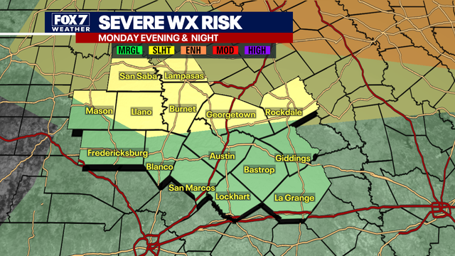 Austin area under slight risk for severe weather Monday evening into Tuesday