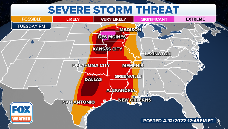 Severe storm threat on Tuesday, April 12, 2022. (FOX Weather)