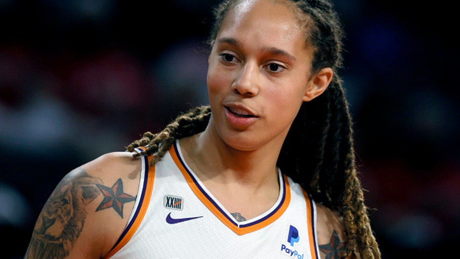 Brittney Griner #42 of the Phoenix Mercury stands on the court as the Las Vegas Aces shoot free throws during Game Two of the 2021 WNBA Playoffs semifinals at Michelob ULTRA Arena on September 30, 2021 in Las Vegas, Nevada. The Mercury defeated the Aces 117-91. NOTE TO USER: User expressly acknowledges and agrees that, by downloading and or using this photograph, User is consenting to the terms and conditions of the Getty Images License Agreement. (Photo by Ethan Miller/Getty Images)