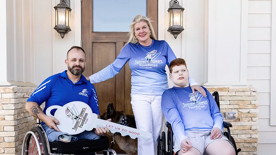 The Wheeler family of Texas appeared on "Fox and Friends" on Tuesday to share their gratitude for the new home smart they've just received from Tunnel to Towers. "It's very humbling to be able to wheel right in," said Jason Wheeler (at left). (FOX)