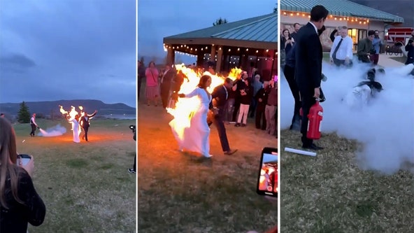 Newlywed stunt doubles light themselves on fire on wedding day