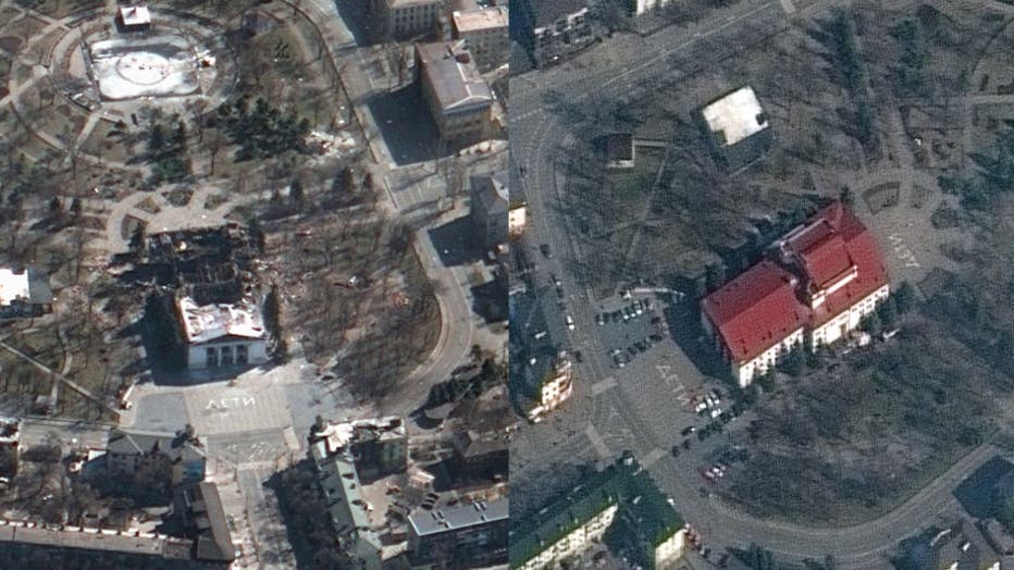 RUSSIANS INVADE UKRAINE -- MARCH 19, 2022: 02 Maxar before and after satellite imagery of the Mariupol Drama Theater which was bombed on March 16th. This building had been used as a shelter for hundreds of Ukrainian civilians. Notably the word children i