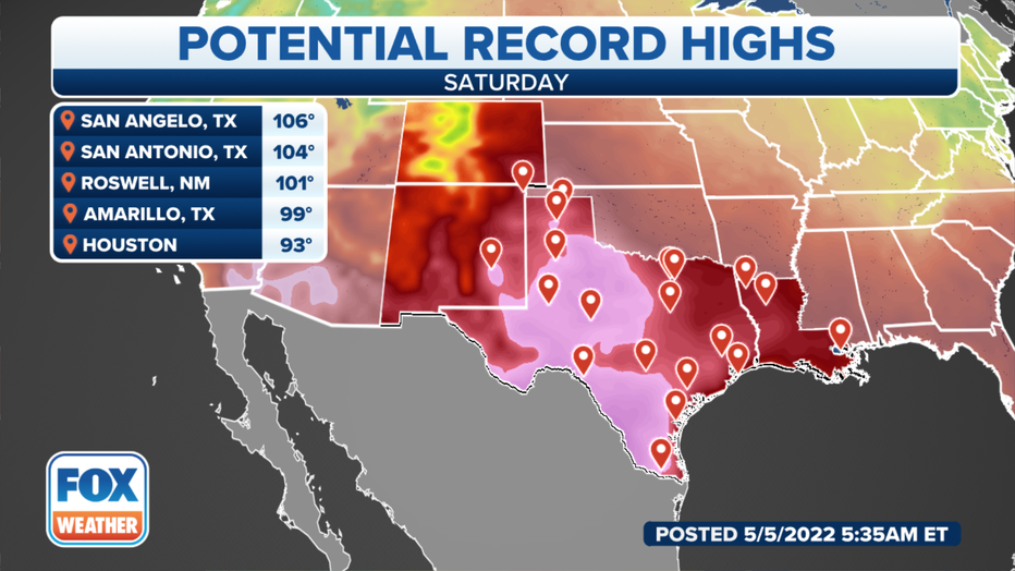 Potential record highs on Saturday, May 7, 2022. (FOX Weather)