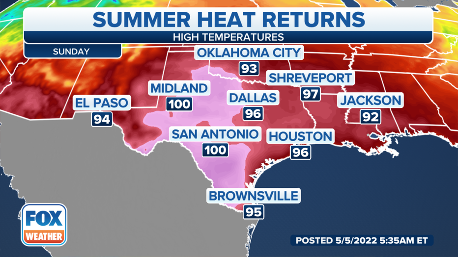 Forecast highs on Sunday, May 8, 2022. (FOX Weather)