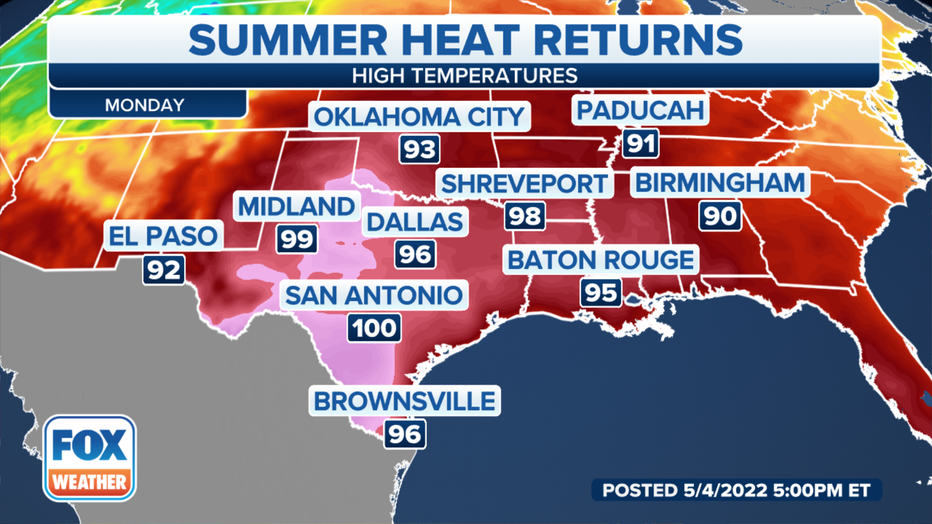 Forecast highs on Monday, May 9, 2022. (FOX Weather)