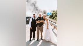 Wedding party celebrates along side of west Michigan freeway after limo catches fire on way to reception