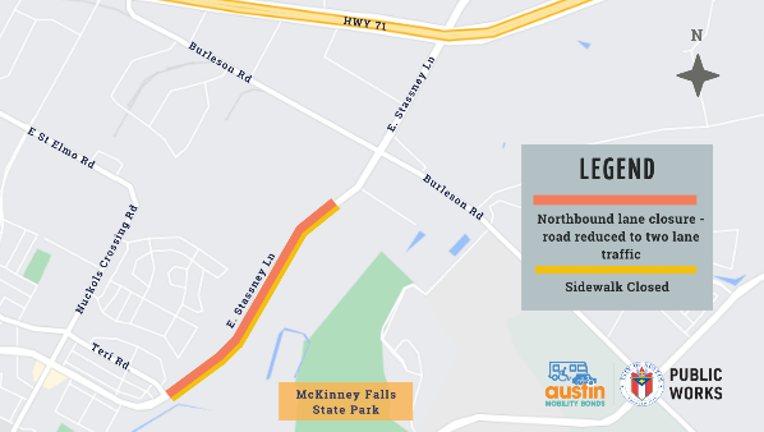 A map graphic with a gray background and white lines depicting streets in South Austin showing the construction along E. Stassney Lane between Teri Road and Burleson Road. The legend in the darker gray box reads "Orange for northbound lane closure- road reduced to two lane traffic" and "gold for sidewalk closed"