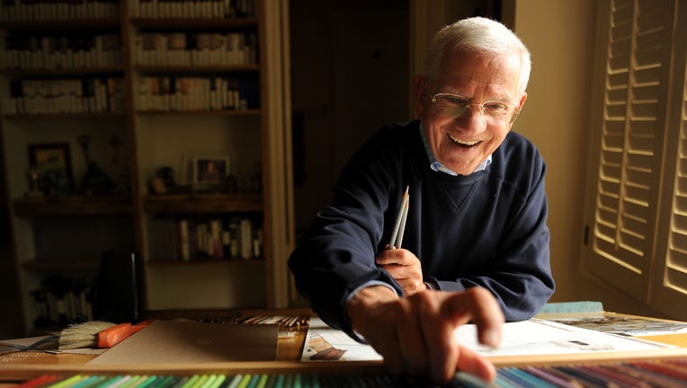 BEVERLY HILLS, CALIFORNIA MARCH 22, 2013-Actor Robert Clary, 87, enjoys pencil painting at his house