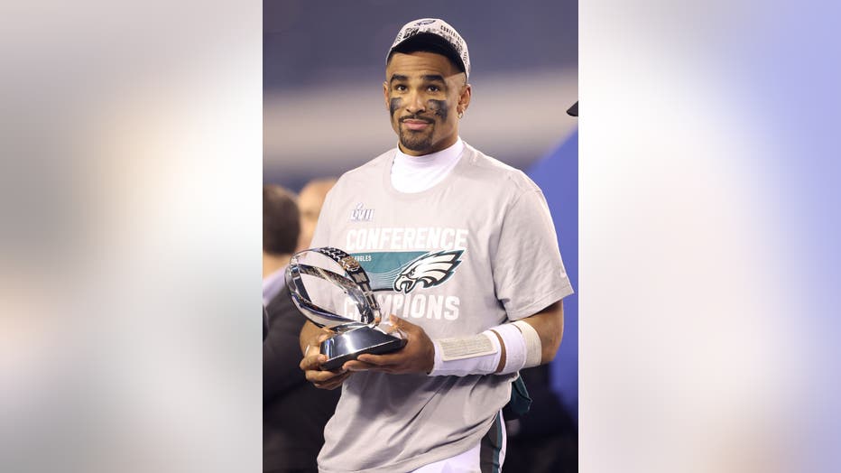 Philadelphia Eagles quarterback Jalen Hurts (1) reacts during the