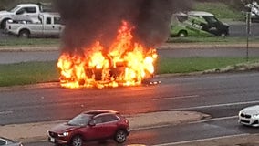 Car fire closes I-35 northbound frontage road at Riverside