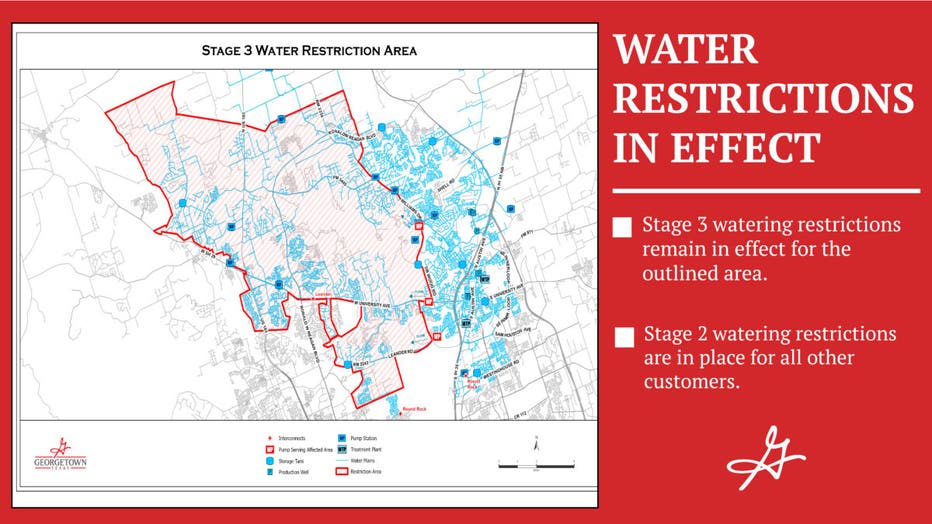 map shows Stage 2, Stage 3 water restrictions