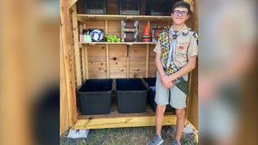 Boy Scout builds shed, stocks it with recess equipment for Kyle Elementary students