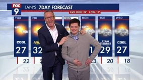 Weather superfan Nicolas Diaz helps Ian Leonard with his forecast