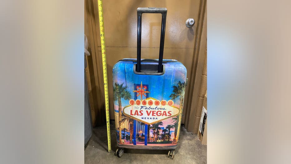This image released by Indiana State Police shows the suitcase the body of 5-year-old Cairo Ammar Jordan was found stuffed inside on April 16, 2022.