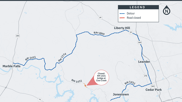 Texas flooding: Detour now in place for RM 1431 bridge at Cow Creek
