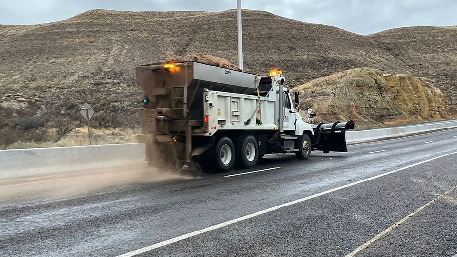 TxDOT works to treat roads in Culberson County, Texas, on Dec. 29, 2025, as winter weather impacts the region.