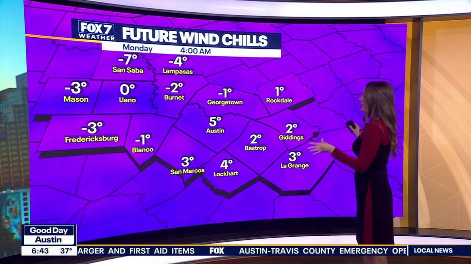 Wind chills will drop below zero in parts of Central Texas by Monday morning.