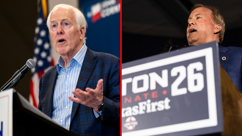 U.S. Sen. John Cornyn (left) and Texas Attorney General Ken Paxton (right) speak to supporters after the Texas Primary on March 3, 2026.