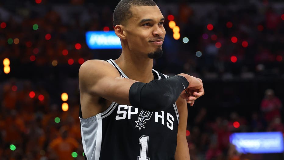 Victor Wembanyama #1 of the San Antonio Spurs reacts during the second quarter against the New York Knicks in Game One of the 2026 NBA Finals at Frost Bank Center on June 03, 2026 in San Antonio, Texas.