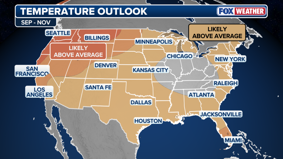 The temperature outlook for September, October and November 2026.