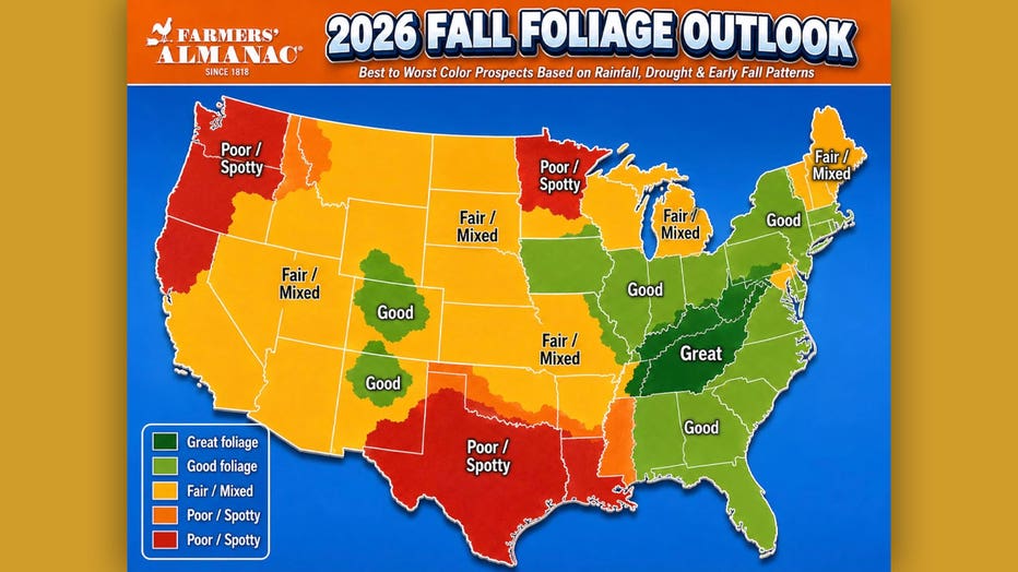 The Farmers' Almanac fall foliage outlook for 2026.