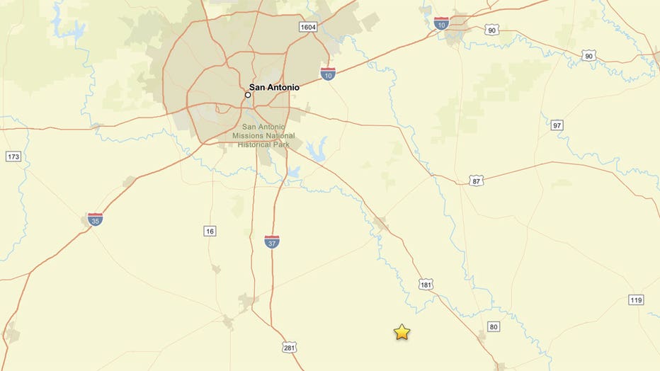 A star indicates the epicenter of an earthquake in Texas on Sept. 1, 2026.