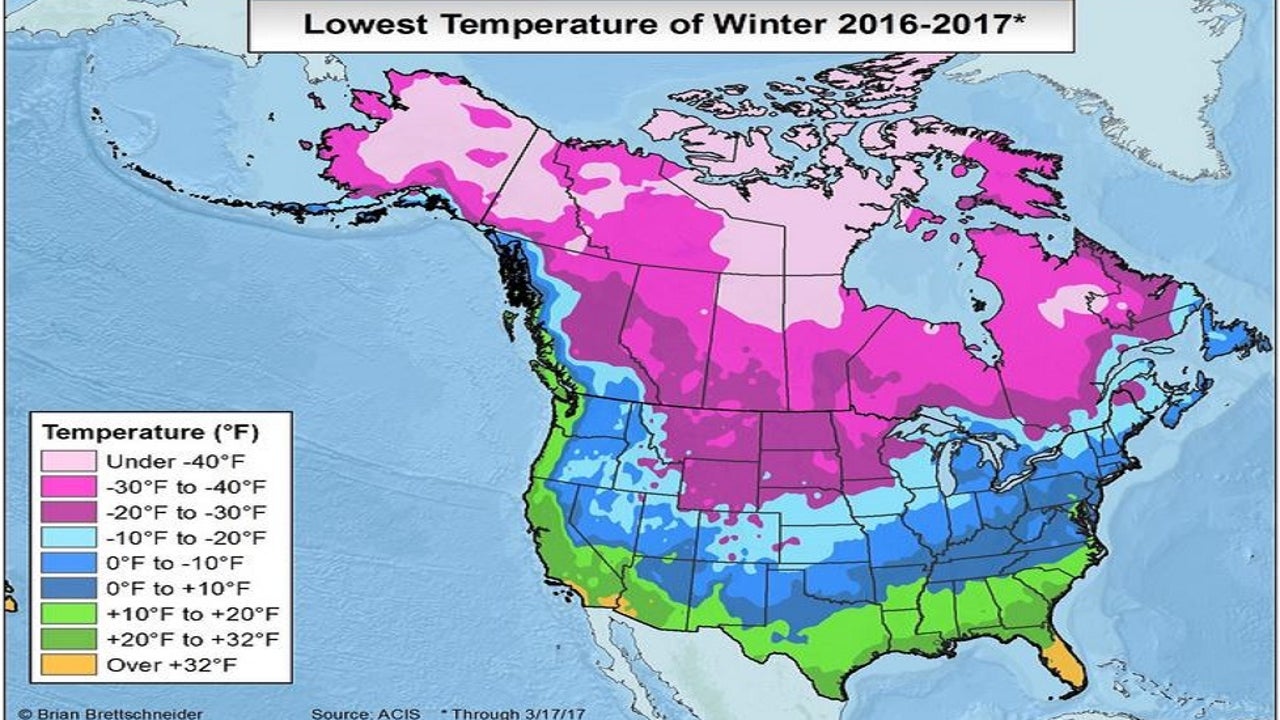 MAP Coldest temperatures experienced over our mild winter
