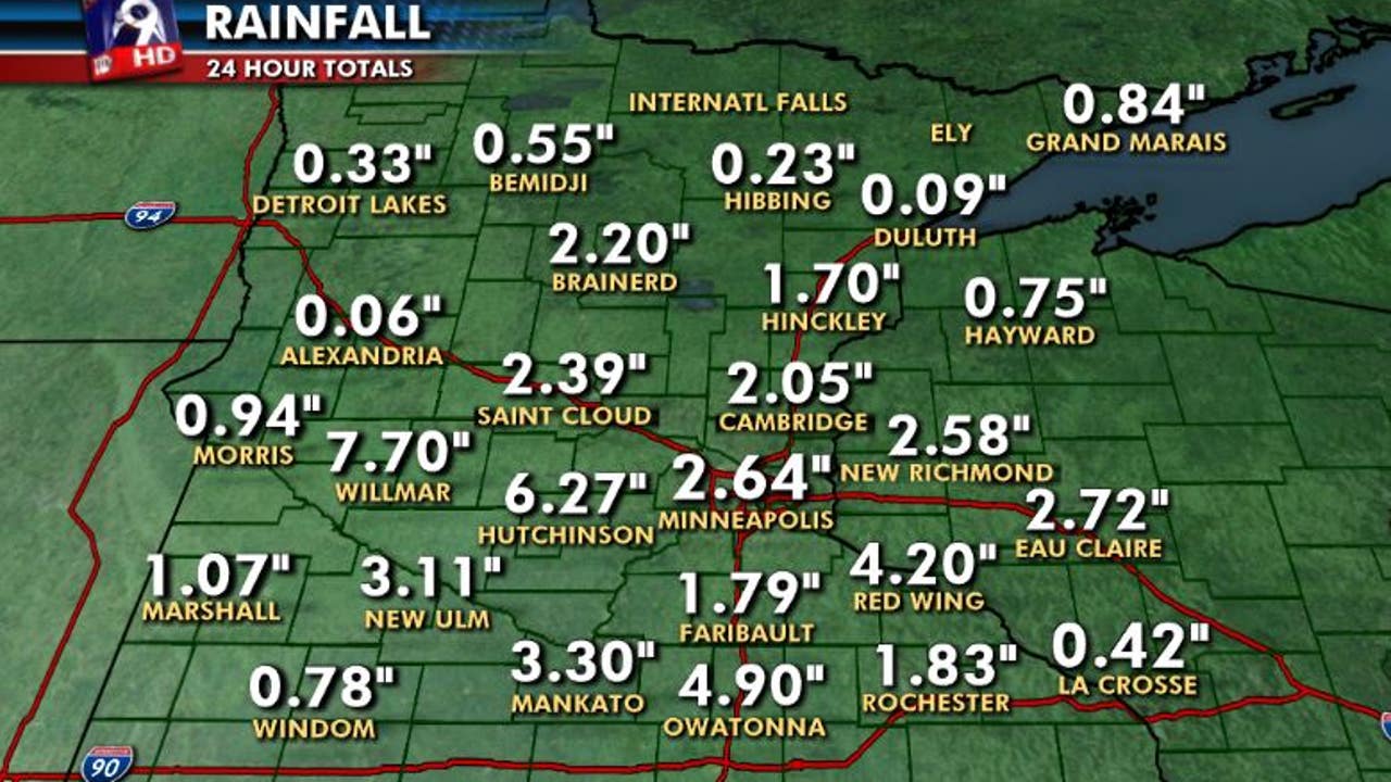 Rainfall totals from Wednesday night's storms in Minnesota