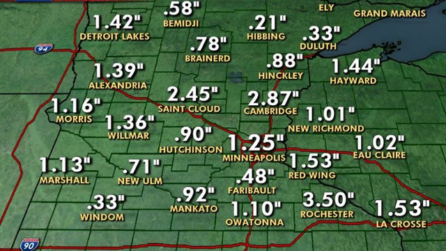 Rain Totals: Over an inch in the metro, nearly 3" in Cambridge, Minn.