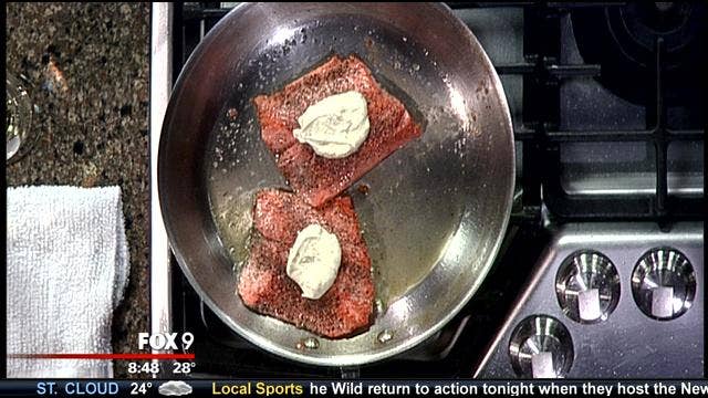 Seared Salmon with Calendula Aioli + Toasted Pine Nuts