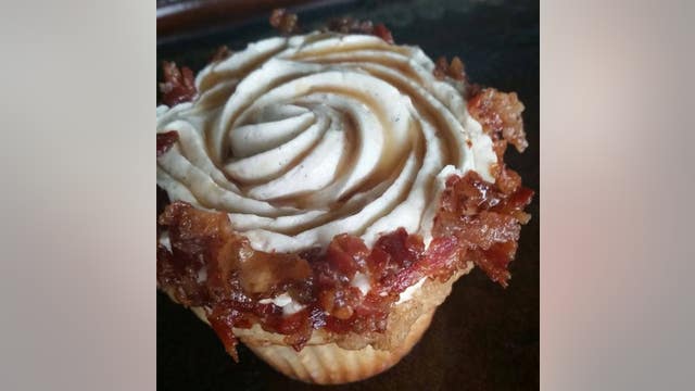 French toast with maple syrup and bacon cupcakes