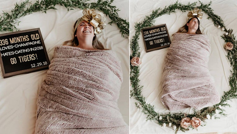 Hilarious Adult Swaddle Photo Shoot For Woman S 336 Month Birthday Goes Viral