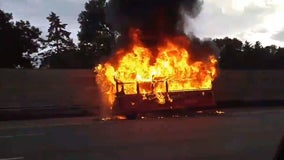 Trolley catches fire along I-35W in Roseville, Minn.