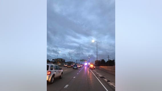 Tractor-trailer with punctured fuel tank spills diesel on I-494 in Bloomington, Minnesota
