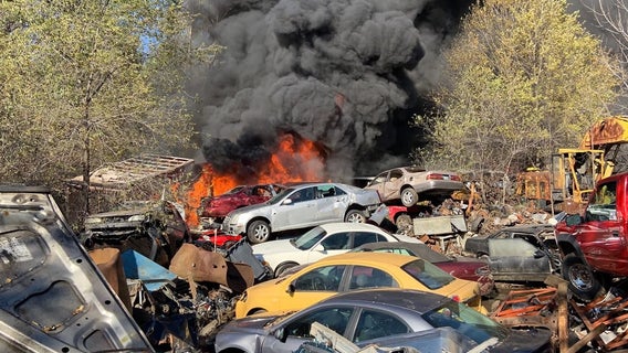 St. Paul Park, Minn. fire crews douse large car fire at junkyard